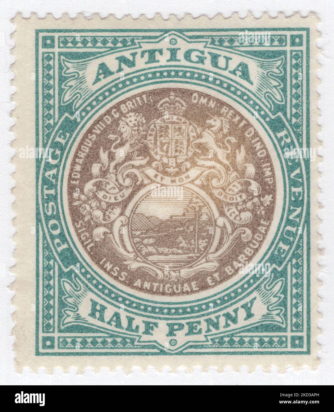 ANTIGUA 1903 An ?? pence bluegreen and black postage stamp showing