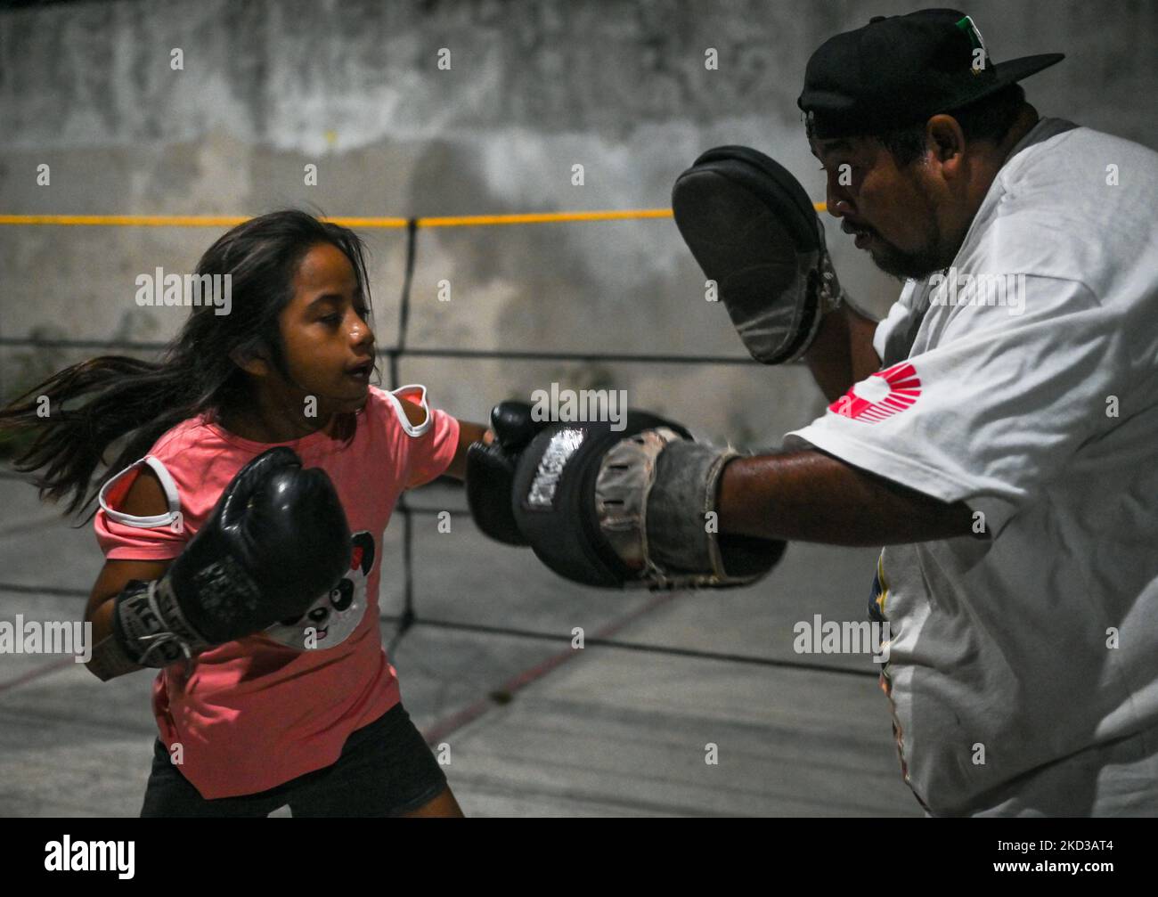 Edwin 'El Torito' Couoh seen during an evening training outdoors in Celestun. The former boxer promotes the sport as a social rescue for young people in Celestun. On Monday, February 21, 2022, in Celestun, Yucatan, Mexico. (Photo by Artur Widak/NurPhoto) Stock Photo