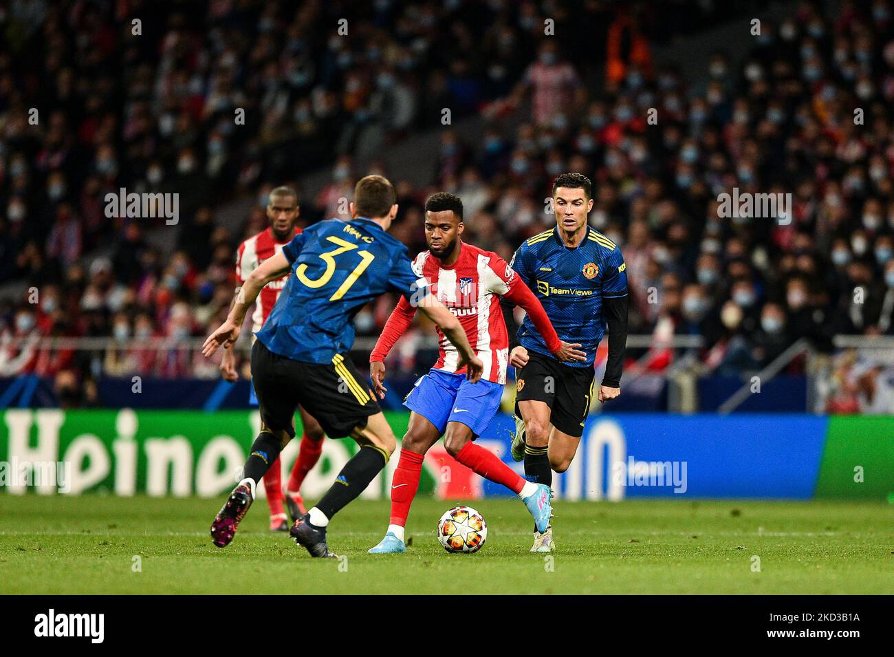 Thomas Lemar, Nemanja Matic and Cristiano Ronaldo during UEFA Champions League Round Of Sixteen First Leg One match between Atletico de Madrid and Manchester United at Wanda Metropolitano on February 23, 2022 in Madrid, Spain. (Photo by Rubén de la Fuente Pérez/NurPhoto) Stock Photo