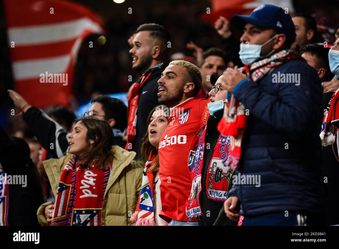 Atletico supporters during UEFA Champions League Round Of Sixteen First Leg One match between Atletico de Madrid and Manchester United at Wanda Metropolitano on February 23, 2022 in Madrid, Spain. (Photo by Rubén de la Fuente Pérez/NurPhoto) Stock Photo