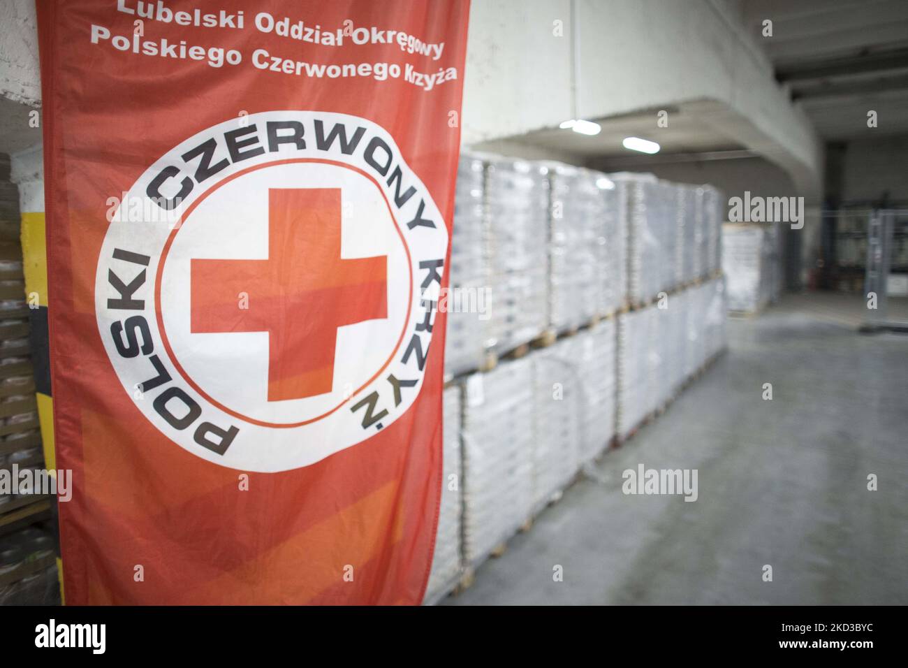 Red Cross warehouse with help for Ukrainian refugees seen in Lublin, Poland on February 23, 2022. (Photo by Maciej Luczniewski/NurPhoto) Stock Photo