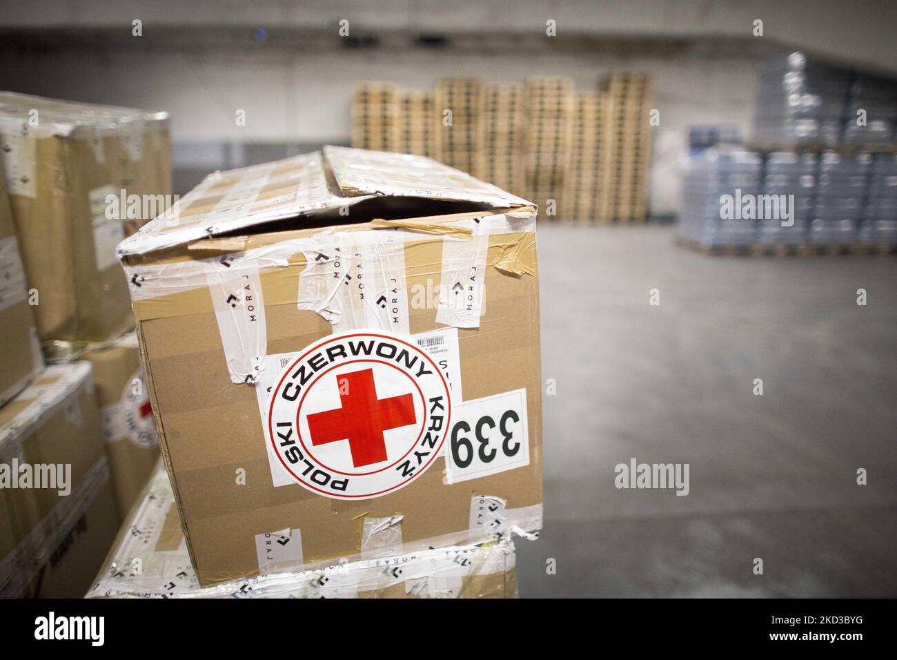 Red Cross warehouse with help for Ukrainian refugees seen in Lublin, Poland on February 23, 2022. (Photo by Maciej Luczniewski/NurPhoto) Stock Photo