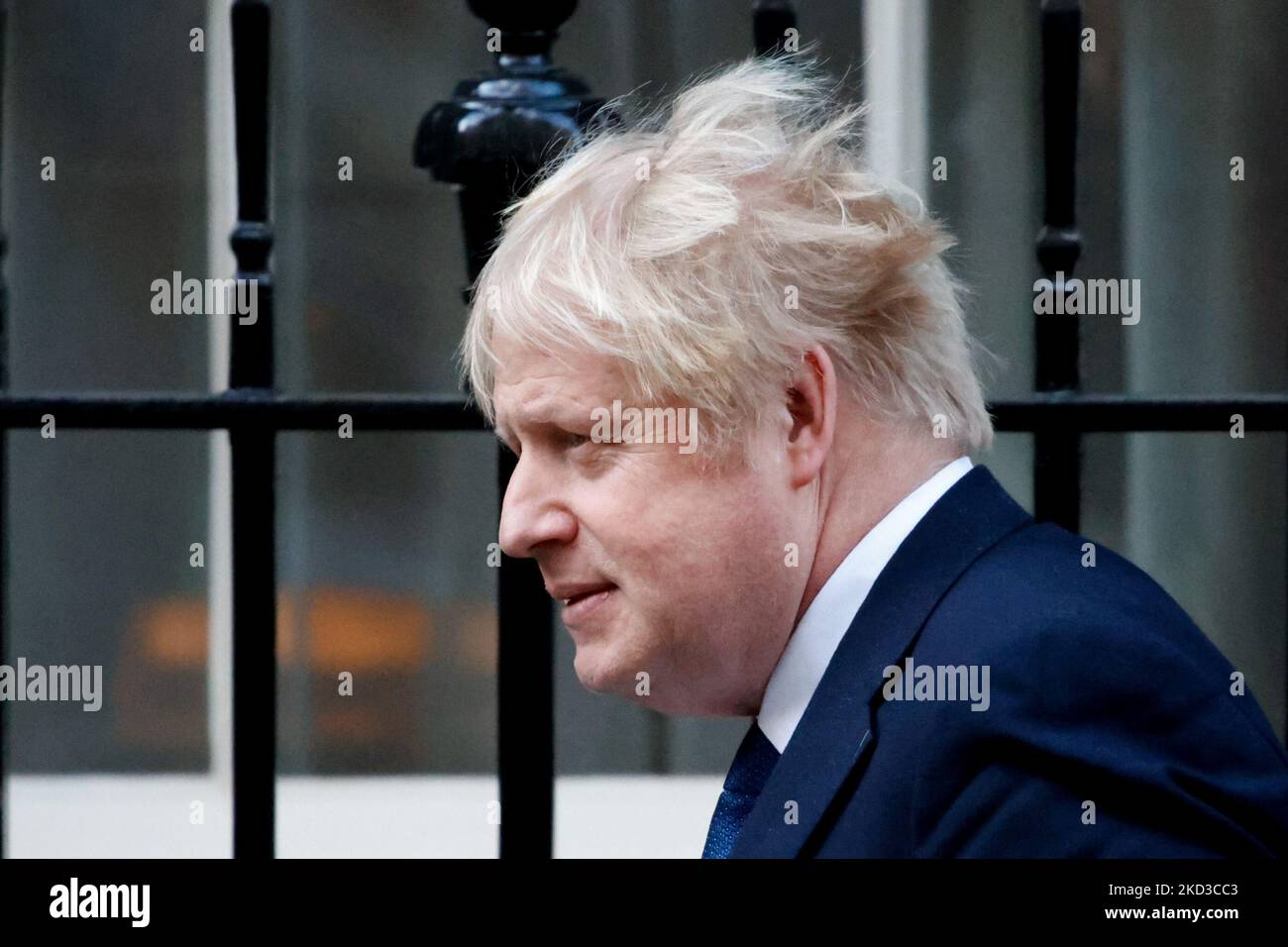 British Prime Minister Boris Johnson leaves 10 Downing Street to speak on the situation in Ukraine to MPs in the House of Commons in London, England, on February 24, 2022. Johnson has vowed to impose huge economic sanctions on Russia in response to its overnight invasion of Ukraine. (Photo by David Cliff/NurPhoto) Stock Photo