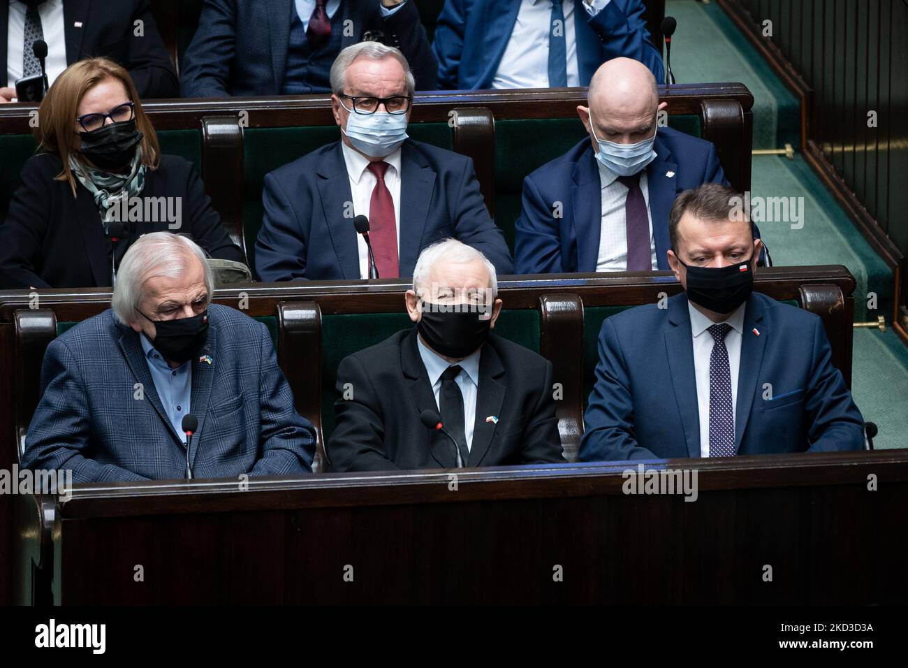 Leader of the Polish Law and Justice (PiS) ruling party Jaroslaw Kaczynski (C), Polish Deputy Sejm Speaker Ryszard Terlecki (L) and Polish Defense Minister Mariusz Blaszczak (R), during the 49th session of the Sejm (lower house) in Warsaw, Poland, on 24 February 2022. Polish Parliament has passed a resolution condemning Russian aggression against Ukraine and calling on the international community to impose tough sanctions on Moscow. (Photo by Mateusz Wlodarczyk/NurPhoto) Stock Photo