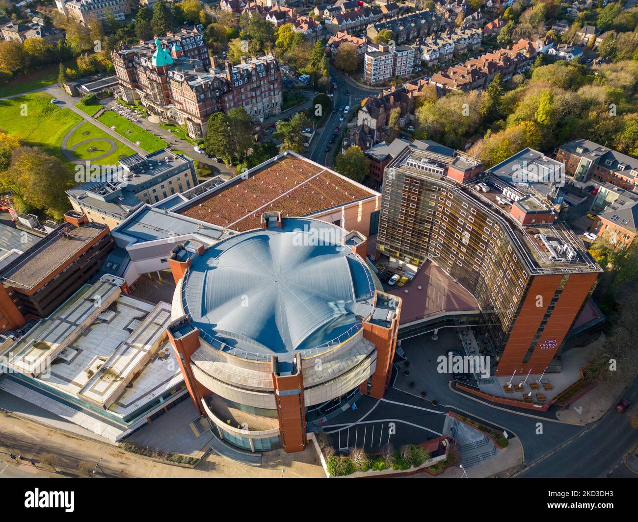 Aerial view of Harrogate Convention Centre and town in North Yorkshire
