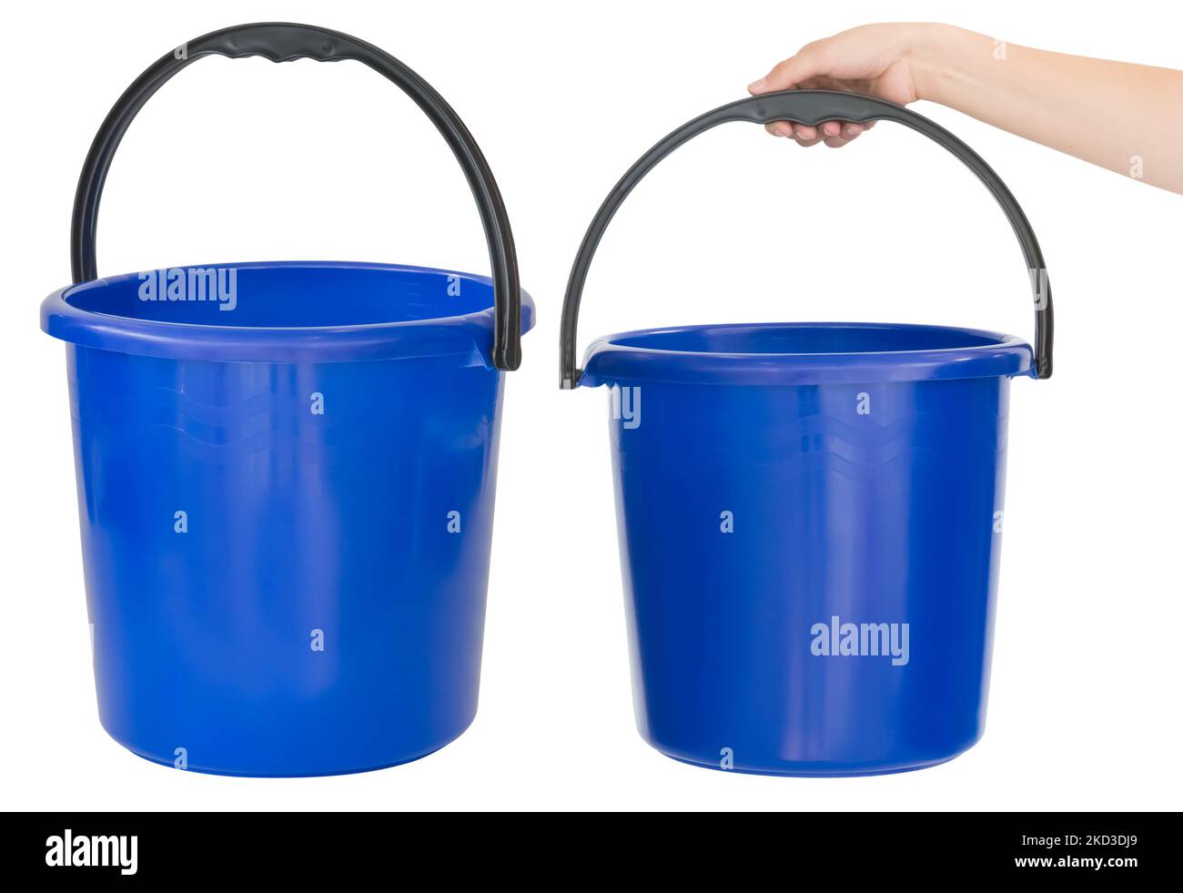 Blue plastic bucket in hand. Isolated from the background Stock Photo