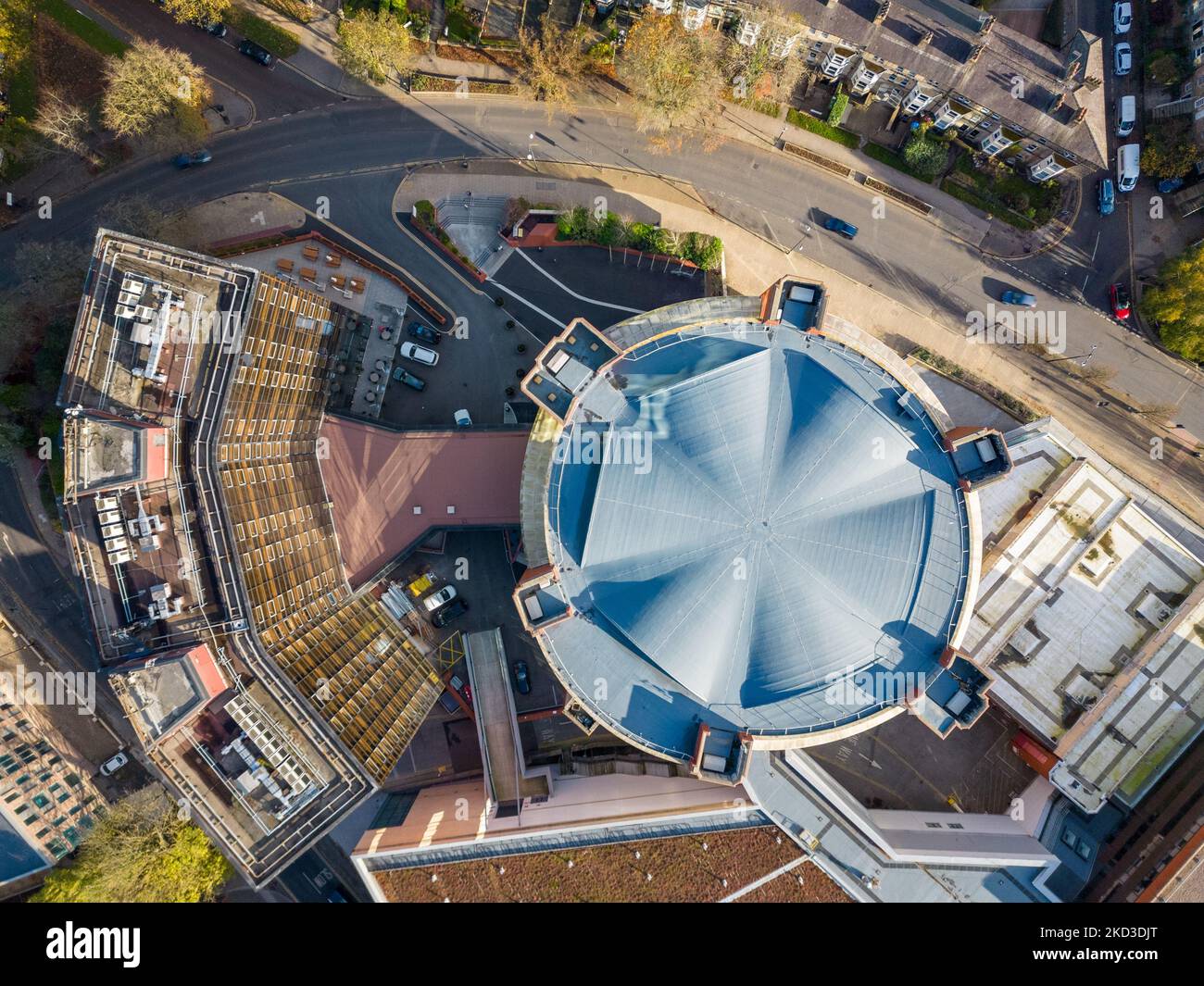Aerial view of Harrogate Convention Centre and town in North Yorkshire, UK. Modern building for hosting events in the hospitality industry. Stock Photo