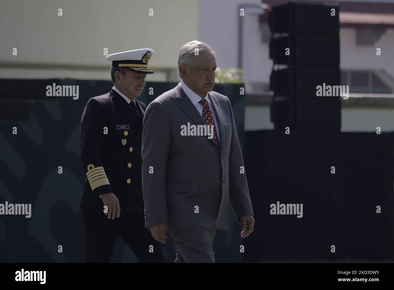 At the centre, Andrés Manuel López Obrador, President of Mexico, accompanied by José Rafael Ojeda Durán, Secretary of the Navy; on the occasion of Flag Day inside the Campo Marte facilities, Mexico City. Mexican Flag Day was established on 24 February 1934. However, this national commemoration was officially recognised until 1940, by decree of President Lázaro Cárdenas del Río. (Photo by Gerardo Vieyra/NurPhoto) Stock Photo