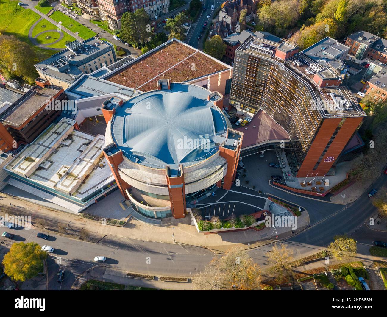 Aerial view of Harrogate Convention Centre and town in North Yorkshire, UK. Modern building for hosting events in the hospitality industry. Stock Photo