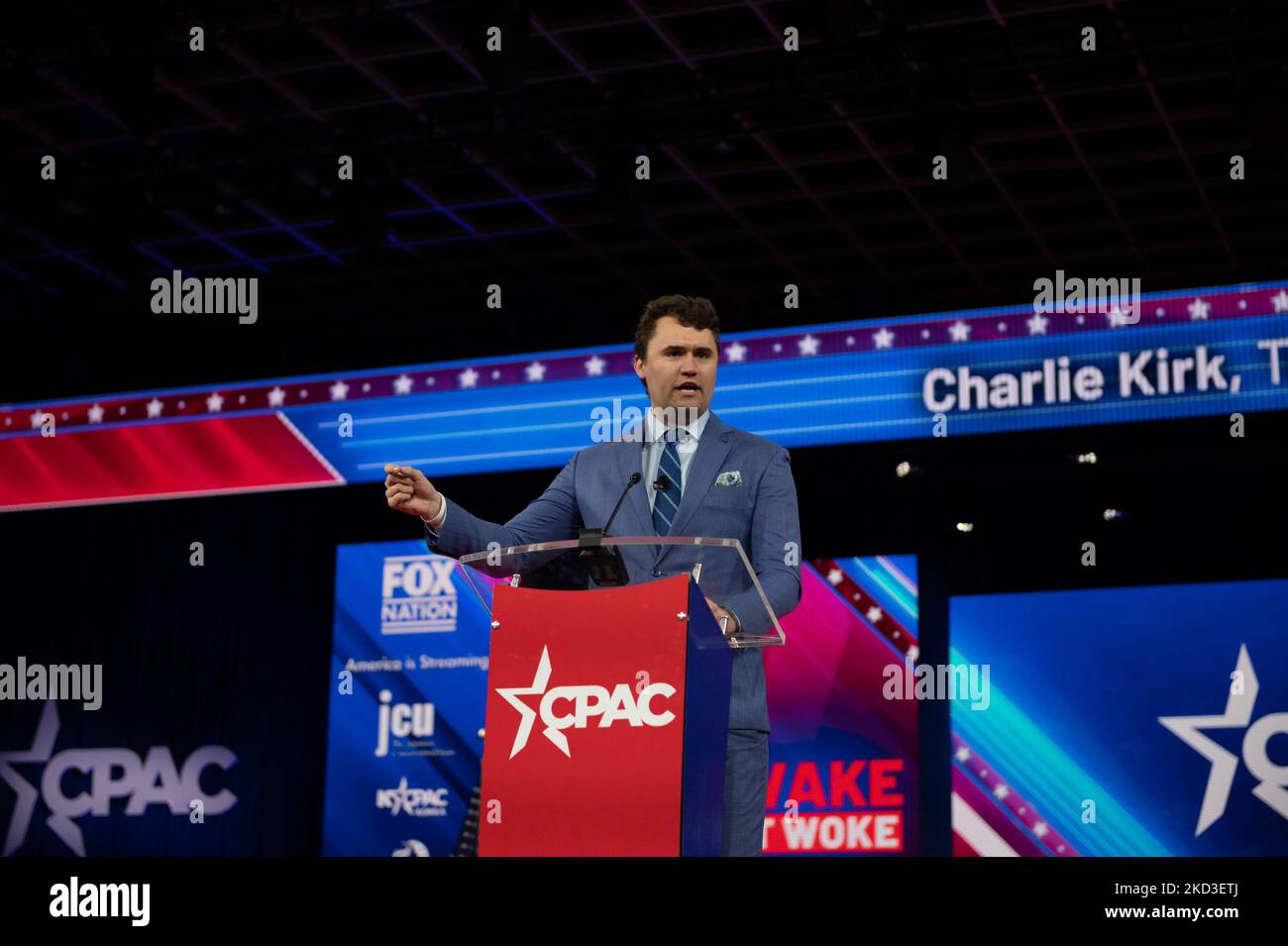 Charlie Kirk speaks at CPAC 2022 Day One continues in Orlando, Florida on February 24, 2022. (Photo by Zach Roberts/NurPhoto) Stock Photo