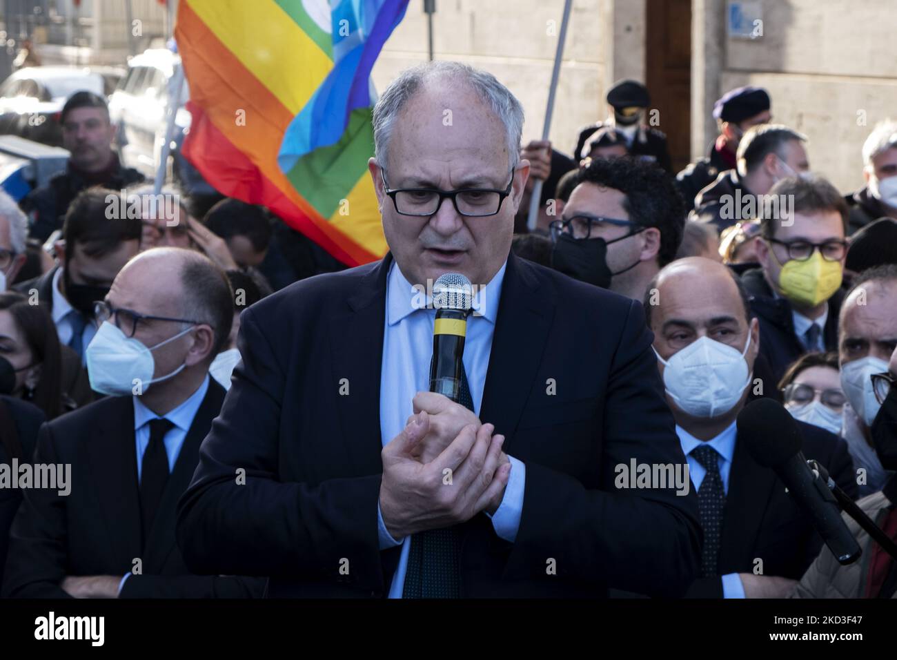 The mayor of Rome Roberto Gualtieri gives a speech against the war in Ukraine, in Rome, Italy, on February 24, 2022. As the conflict in Ukraine get worse, a demonstration to support the country is held nearby the Russian embassy in Castro Pretorio, Rome. The demonstration was organized by the Christian Association of Ukrainians and was supported by many other groups. (Photo by Francesco Boscarol/NurPhoto) Stock Photo