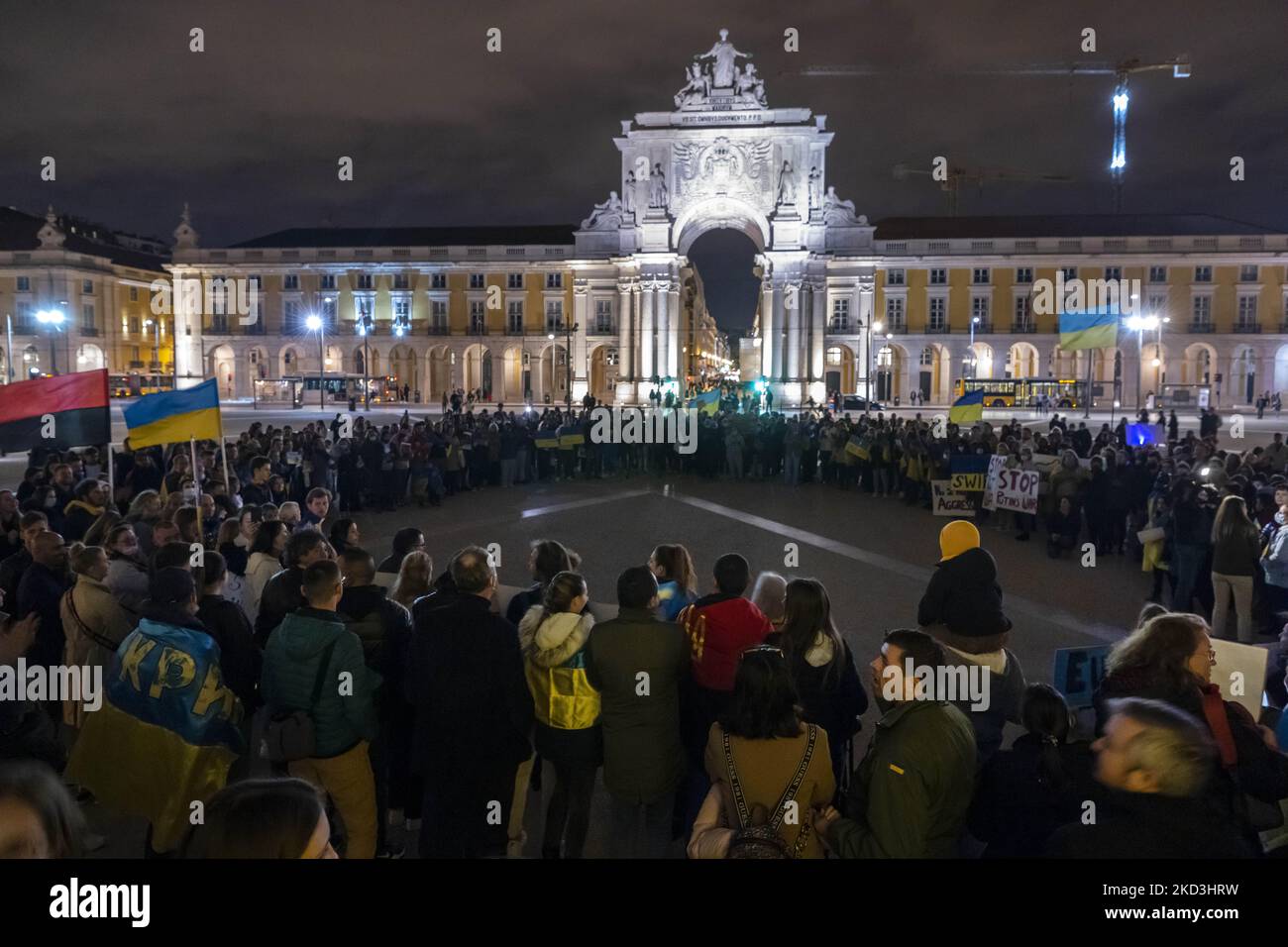 Hundreds of demonstrators gathered in PraÃ§a de Comercio to raise their voice of protest against the Russian invasion and the request for the end of hostilities to the Ukrainian people. Lisbon February 25, 2022. (Photo by Jorge Mantilla/NurPhoto) Stock Photo