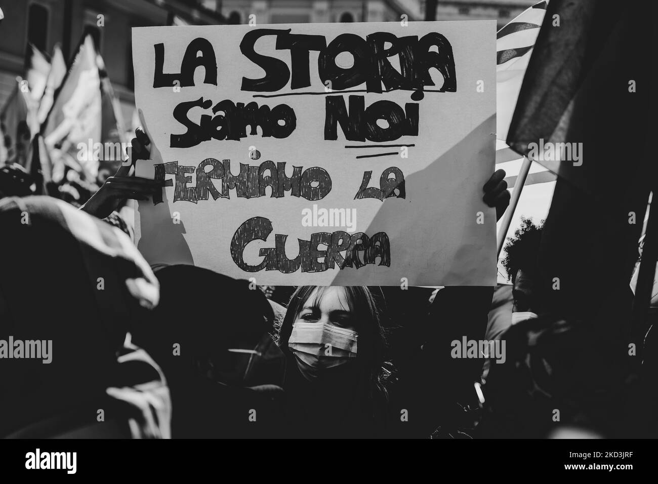 (EDITOR'S NOTE: Image was converted to black and white) Demonstration against war and for peace in support of the Ukrainian people, on February 26, 2022 in Rome, Italy. Thousands marched through the streets of Rome to express their dissent against the Russian invasion of Ukraine. They asked the Russians and Putin to stop the conflict immediately. (Photo by Matteo Trevisan/NurPhoto) Stock Photo