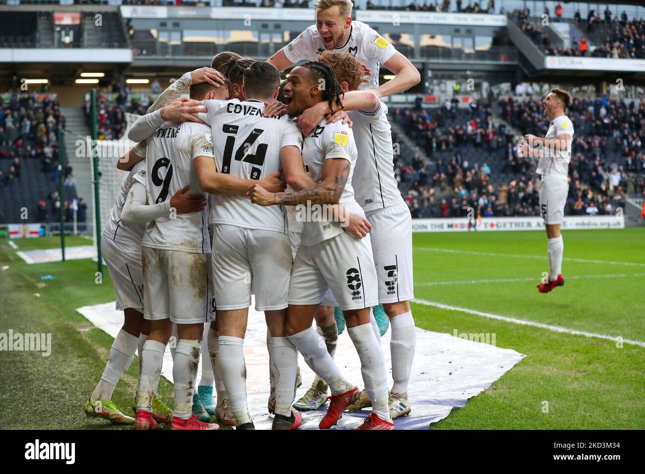 Scott Twine celebrates after scoring for Milton Keynes Dons, to extend their lead making it 2 - 0 against Bolton Wanderers, during the Sky Bet League 1 match between MK Dons and Bolton Wanderers at Stadium MK, Milton Keynes on Saturday 26th February 2022. (Photo by John Cripps/ MI News/NurPhoto) Stock Photo