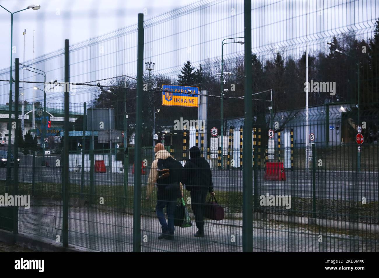 Ukrainian-Polish border crossing in Medyka, Poland on February 25, 2022. Russian invasion of Ukraine can cause a mass exodus of refugees to Poland. (Photo by Beata Zawrzel/NurPhoto) Stock Photo