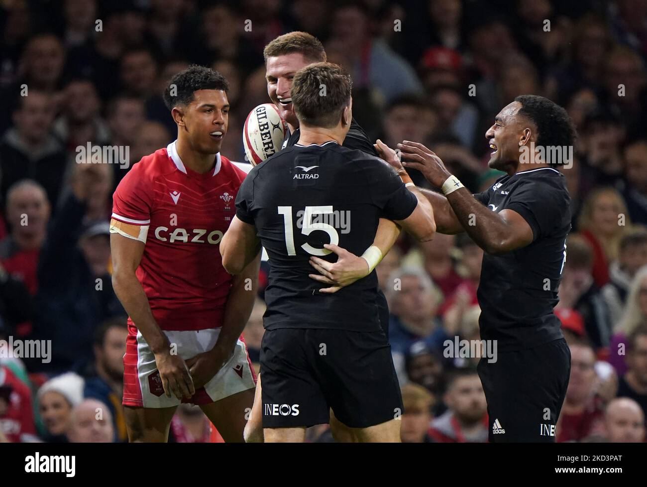 New Zealand's Jordie Barrett celebrates scoring their side's third try
