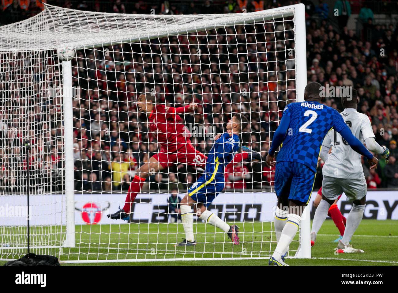 Liverpool scores during the Carabao Cup Final between Chelsea and