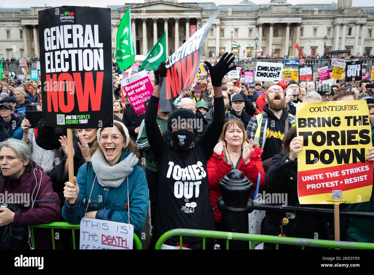 London, UK. 05th Nov, 2022. People gather in Trafalgar Square after the march which saw thousands of people take to the streets for a national demonstration. The Peoples Assembly are protesting against the government's lack of action in dealing with the cost of living crisis and is calling for a general election. Credit: Andy Barton/Alamy Live News Stock Photo