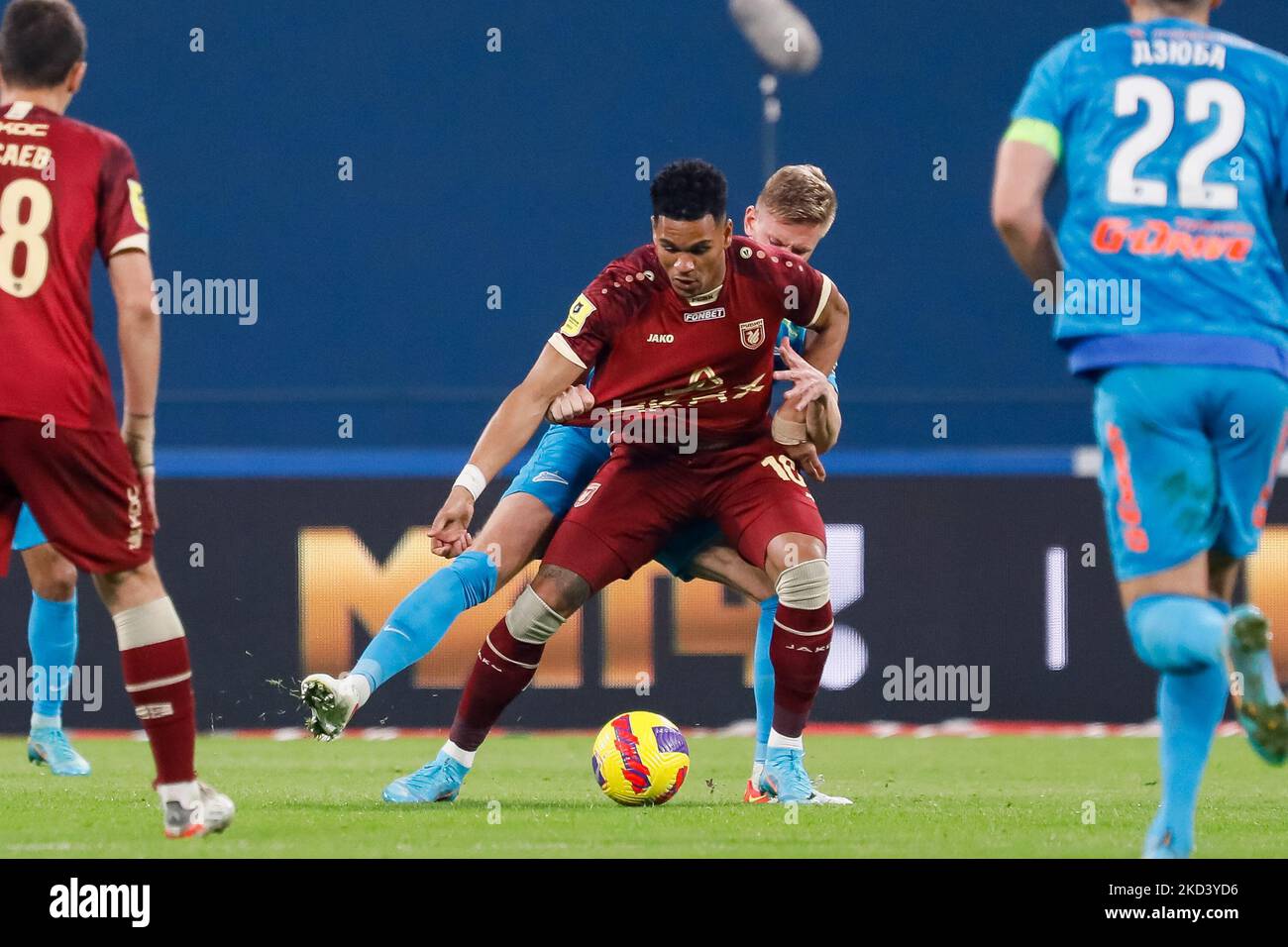 Dmitri Chistyakov of Zenit St. Petersburg and German Onugkha (in front) of Rubin vie for the ball during the Russian Premier League match between FC Zenit Saint Petersburg and FC Rubin Kazan on February 28, 2022 at Gazprom Arena in Saint Petersburg, Russia. (Photo by Mike Kireev/NurPhoto) Stock Photo