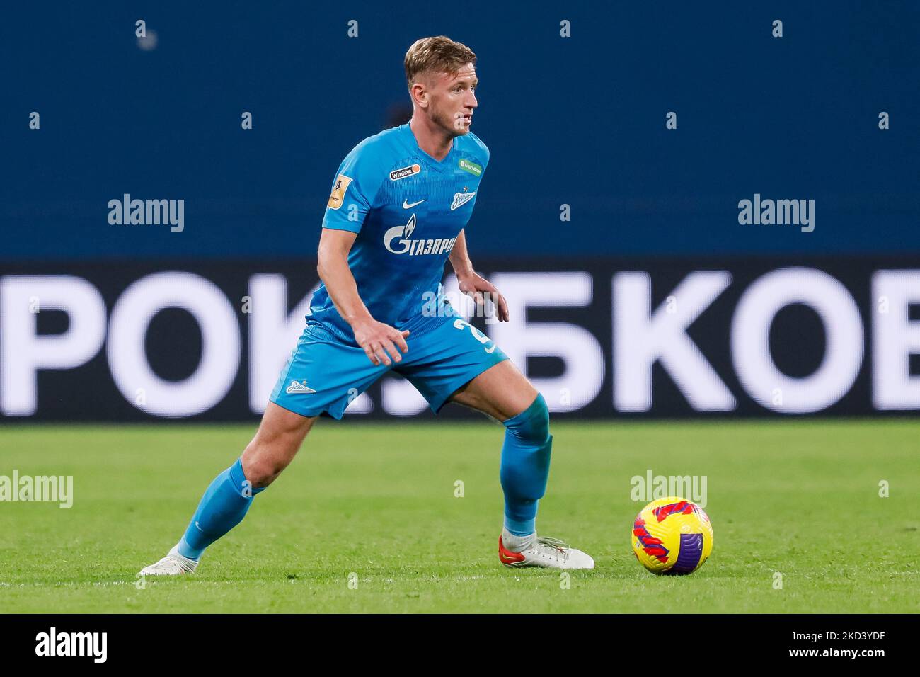 Dmitri Chistyakov of Zenit St. Petersburg in action during the Russian Premier League match between FC Zenit Saint Petersburg and FC Rubin Kazan on February 28, 2022 at Gazprom Arena in Saint Petersburg, Russia. (Photo by Mike Kireev/NurPhoto) Stock Photo