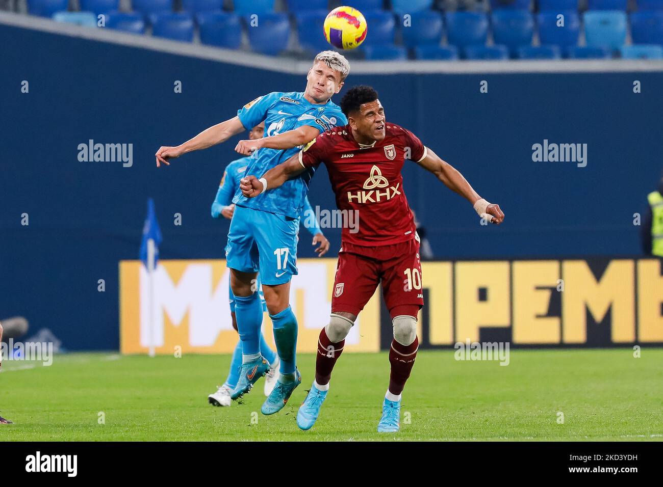 Andrey Mostovoy (L) of Zenit St. Petersburg and German Onugkha of Rubin vie for a header during the Russian Premier League match between FC Zenit Saint Petersburg and FC Rubin Kazan on February 28, 2022 at Gazprom Arena in Saint Petersburg, Russia. (Photo by Mike Kireev/NurPhoto) Stock Photo