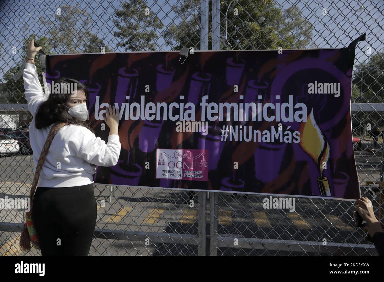 Feminist groups and members of the Observatorio Ciudadano Nacional del Feminicidio, place banners outside the Reclusorio Oriente in Iztapalapa, Mexico City, in rejection and indignation at the release of Vincent 'N', accused of the feminicide of 35-year-old Lucía Delgado Hernández, which occurred on 4 March 2021 in the Condesa neighbourhood. (Photo by Gerardo Vieyra/NurPhoto) Stock Photo
