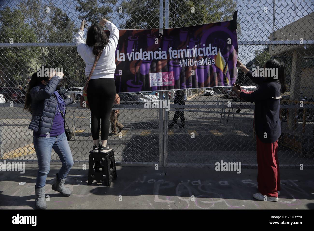Feminist groups and members of the Observatorio Ciudadano Nacional del Feminicidio, place banners outside the Reclusorio Oriente in Iztapalapa, Mexico City, in rejection and indignation at the release of Vincent 'N', accused of the feminicide of 35-year-old Lucía Delgado Hernández, which occurred on 4 March 2021 in the Condesa neighbourhood. (Photo by Gerardo Vieyra/NurPhoto) Stock Photo