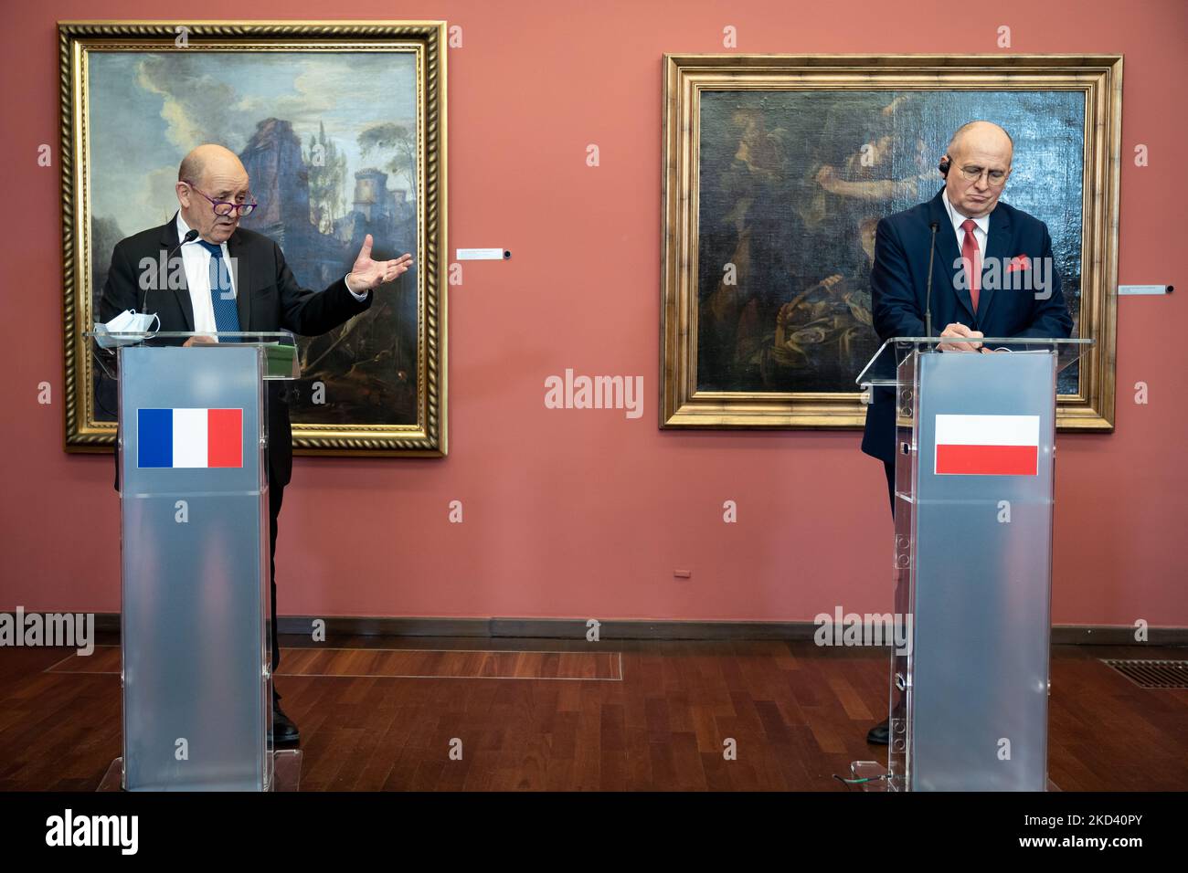 Jean-Yves Le Drian and Zbigniew Rau during the press conference after ...