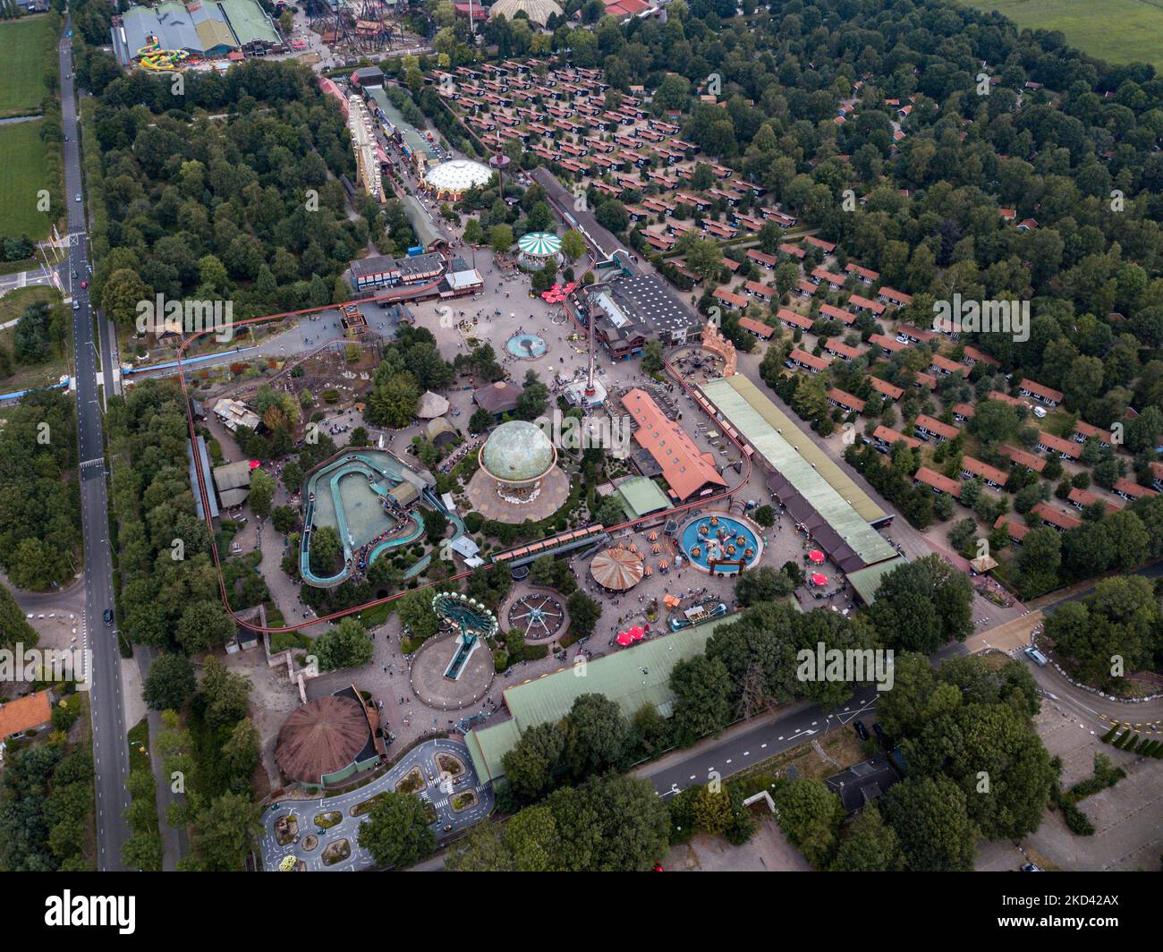 Walibi Holland Theme Park and Untamed RMC Rollercoaster Drone Shots Aerial Images Stock Photo