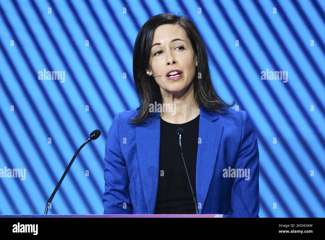 Ms Jessica Rosenworcel Chairwoman of FCC speaking at the Keynote: New frontier of partnerships, during the Mobile World Congress (MWC) Barcelona, on March 1, 2022 in Barcelona, Spain. (Photo by Joan Cros/NurPhoto) Stock Photo