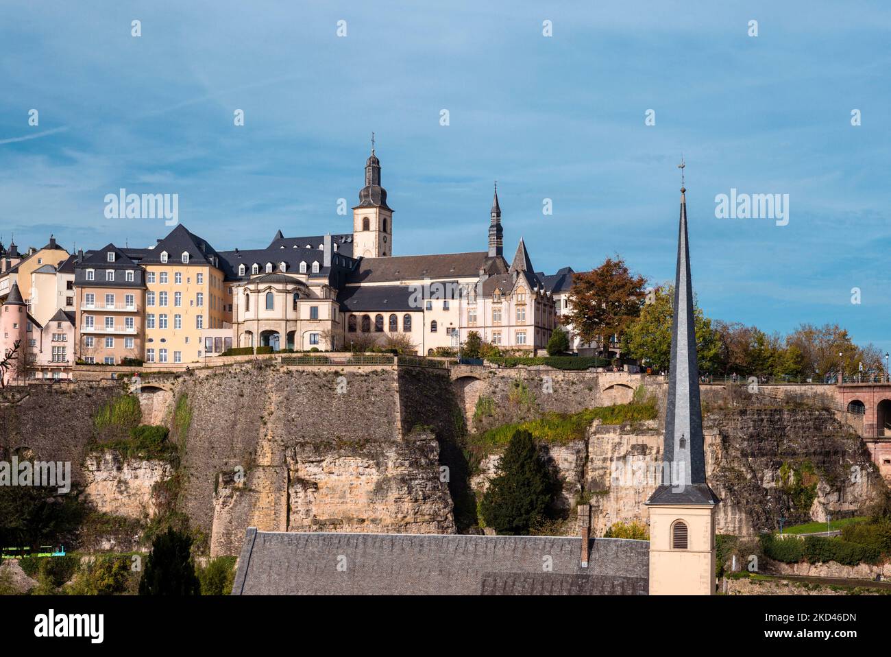 Luxembourg historic centre seen from Grund quarter Stock Photo