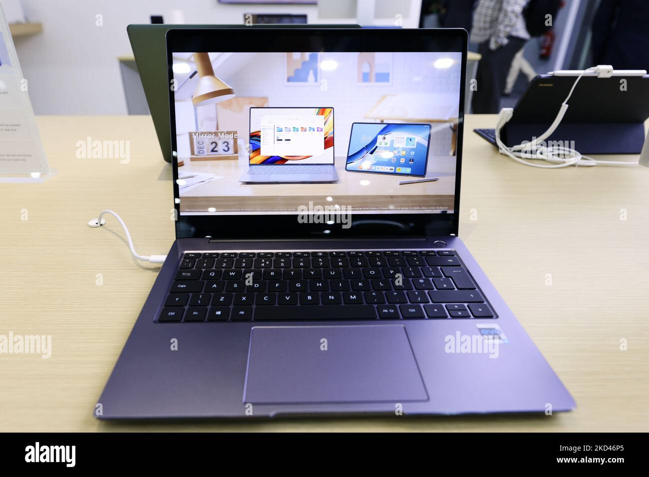 A Space Gray Huawei Mate Book 14s, a compact laptop by the Chinese brand, being exhibited at Mobile World Congress (MWC) the biggest trade show of the sector focused on mobile devices, 5G, IOT, AI and big data, celebrated in Barcelona, on March 3, 2022 in Barcelona, Spain. (Photo by Joan Cros/NurPhoto) Stock Photo