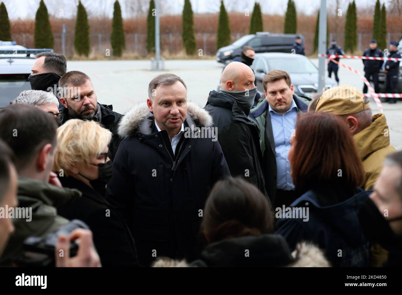 President of Poland Andrzej Duda visiting a Korczowa Dolina center in Mlyny, Poland, on March 4, 2022 to see the conditions where the people arriving from Ukraine are staying. (Photo by Ibrahim Ezzat/NurPhoto) Stock Photo