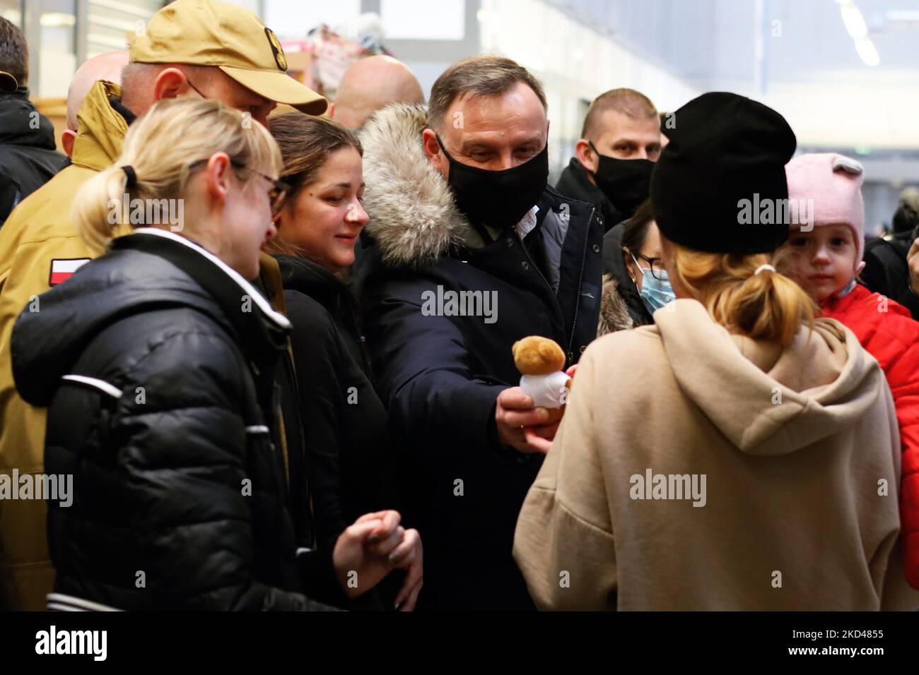 President of Poland Andrzej Duda visiting a Korczowa Dolina center in Mlyny, Poland, on March 4, 2022 to see the conditions where the people arriving from Ukraine are staying. (Photo by Ibrahim Ezzat/NurPhoto) Stock Photo