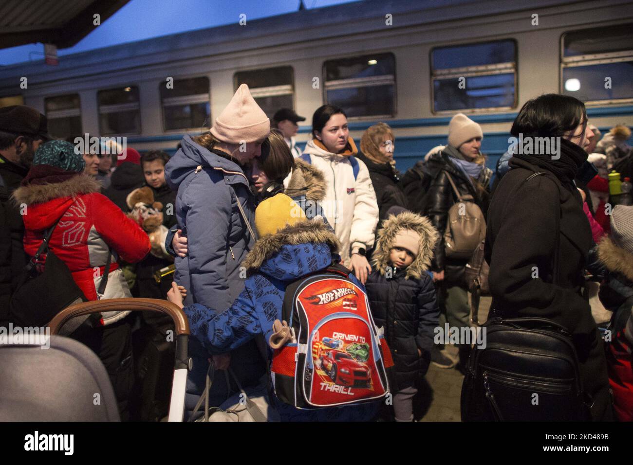 Refugee family seen in Przemysl and Medyka on March 4, 2022. (Photo by Maciej Luczniewski/NurPhoto) Stock Photo