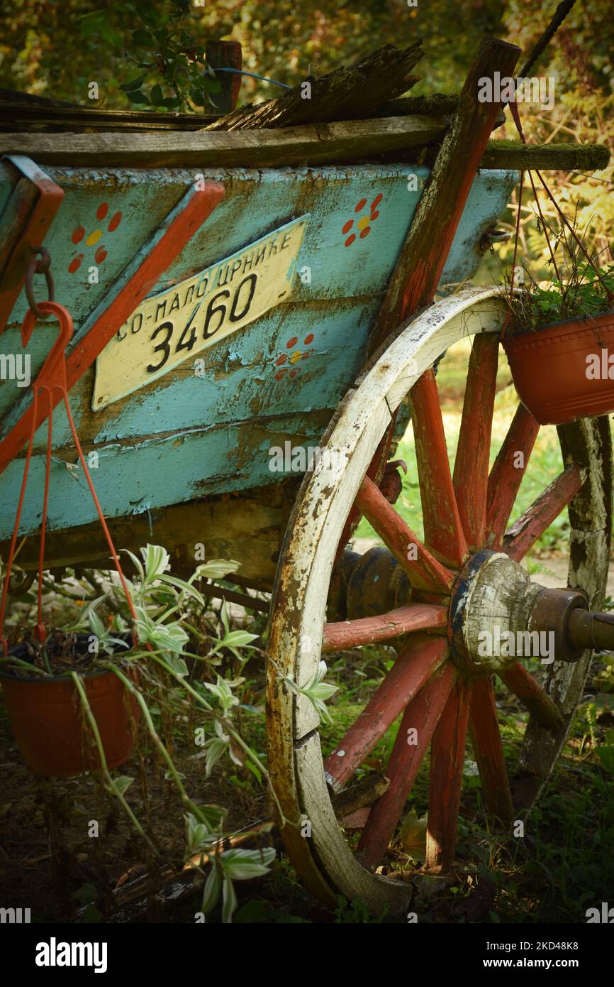A vertical closeup of a colorful blacksmith wagon decorated with flower pots and plants Stock Photo