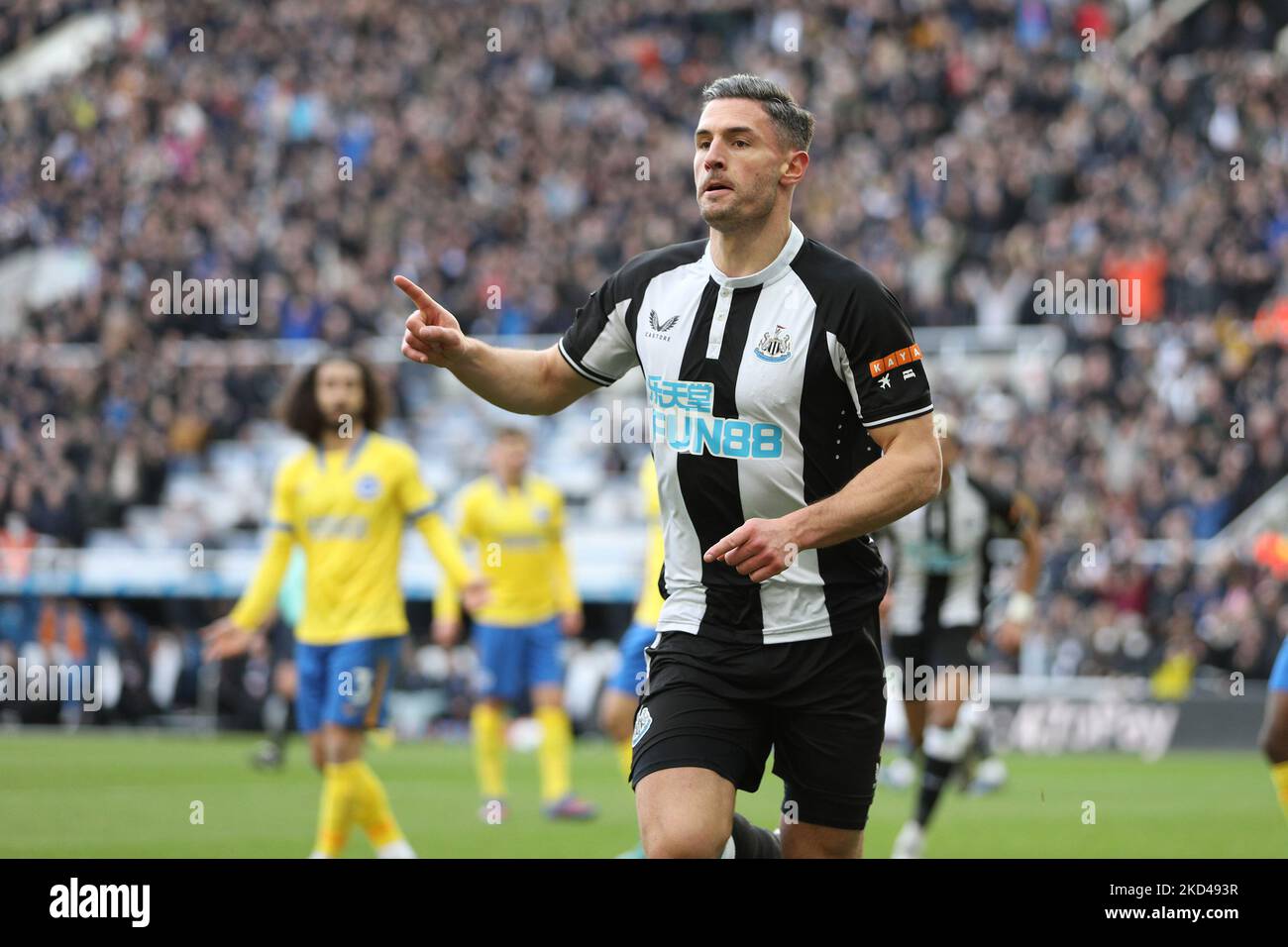 Fabian Schar of Newcastle United scores a goal to make it 1-0 during the Premier League match between Newcastle United and Brighton and Hove Albion at St. James's Park, Newcastle on Saturday 5th March 2022. (Photo by Robert Smith/MI News/NurPhoto) Stock Photo