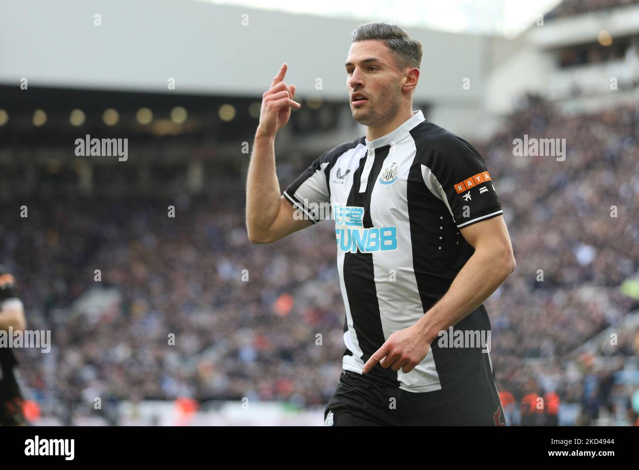 Fabian Schar of Newcastle United scores a goal to make it 1-0 during the Premier League match between Newcastle United and Brighton and Hove Albion at St. James's Park, Newcastle on Saturday 5th March 2022. (Photo by Robert Smith/MI News/NurPhoto) Stock Photo