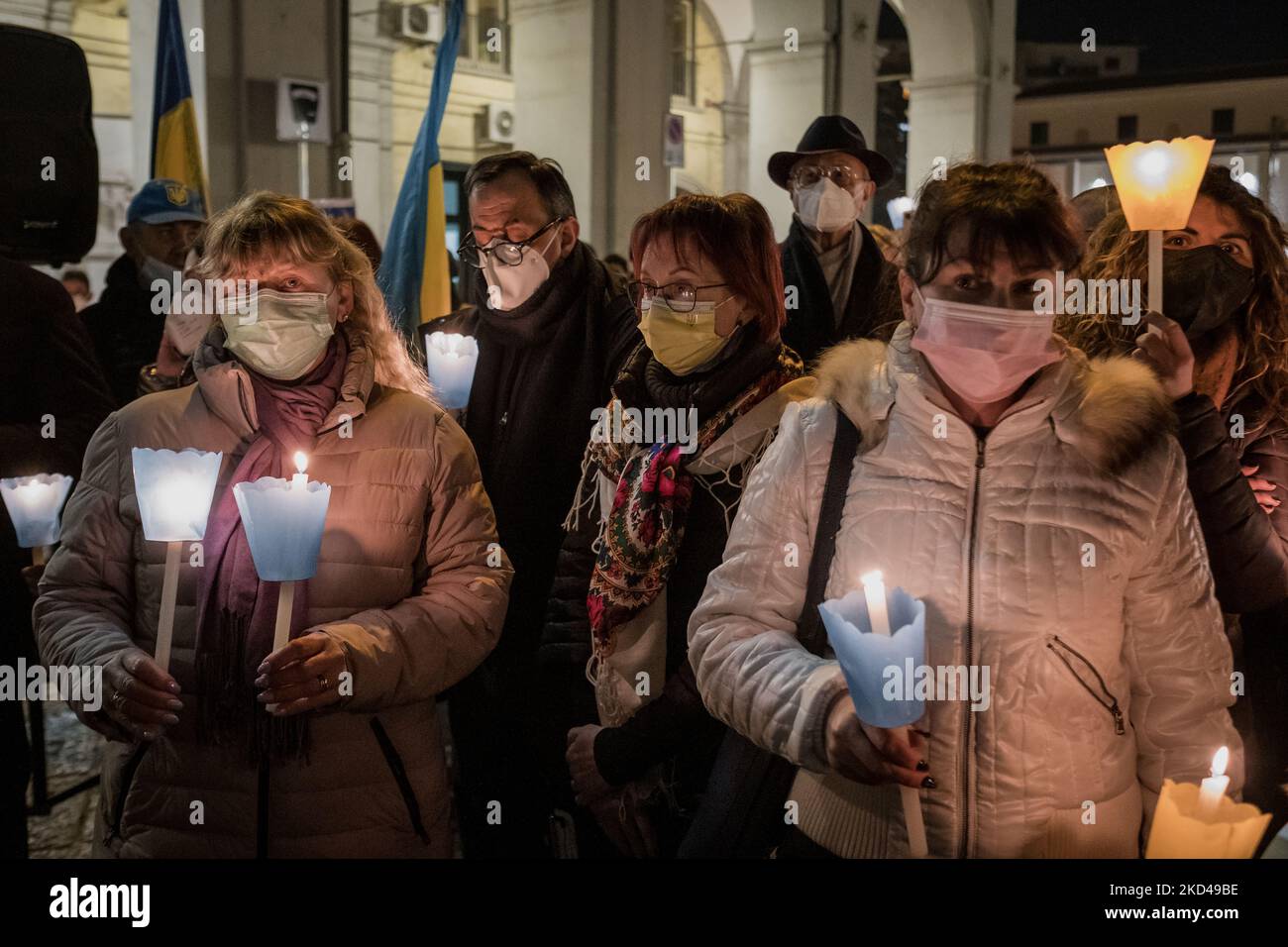 A moment of the demonstration for peace, against the war in Ukraine, and the continuous attacks on Ukrainian territory by Russia, at the Piazza del Municipio in Aversa (CE), South Italy, on 2 March 2022, where Italian citizens and members of the local Ukrainian community gathered to protest. (Photo by Manuel Dorati/NurPhoto) Stock Photo