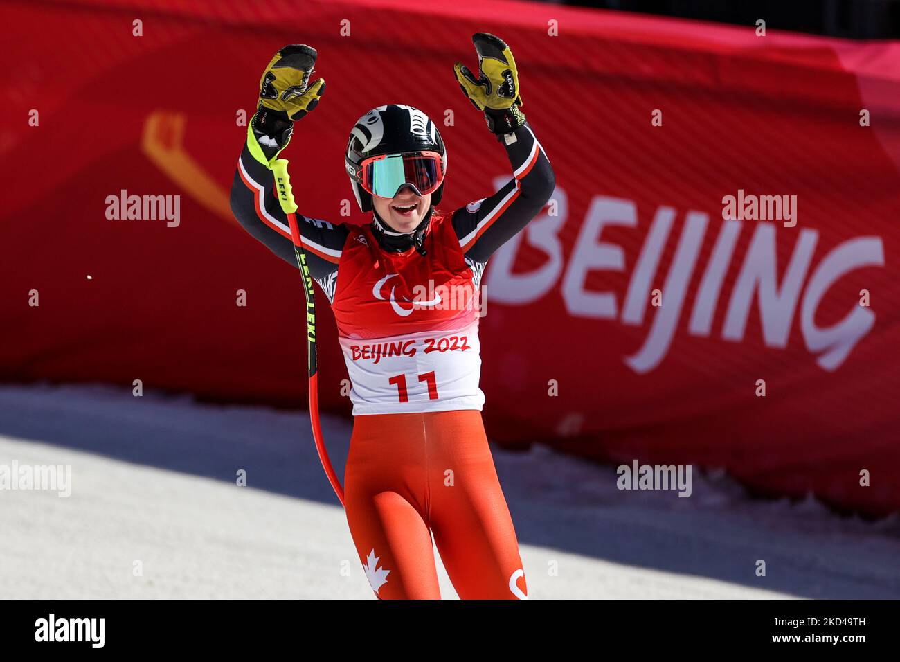 05-03-2022 Beijing, China. Beijing2022 Paralympic Games - Para Alpine Skiing Downhill Yanqing National Alpine Skiing Centre: Mollie Jepsen (CAN) category LW6/8-2 celebrates after winning the women's downhill standing Alpine skiing. (Photo by Mauro Ujetto/NurPhoto) Stock Photo