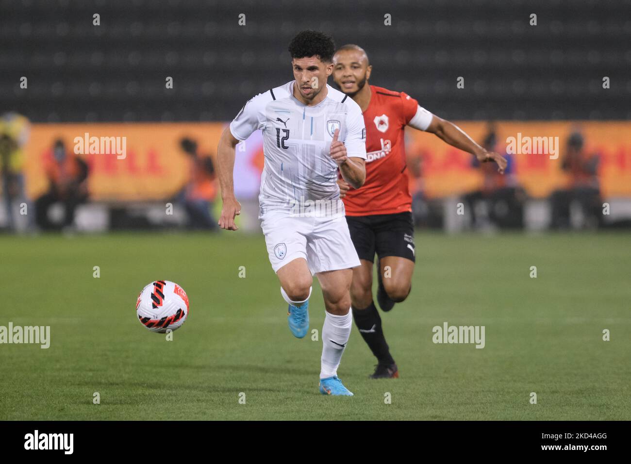 Murad Naji (12) of Al Wakrah on the ball during the Amir Cup quarter final between Al Rayyan and Al Wakrah at the Jassim Bin Hamad Stadium in Doha, Qatar on 5 March 2022. (Photo by Simon Holmes/NurPhoto) Stock Photo