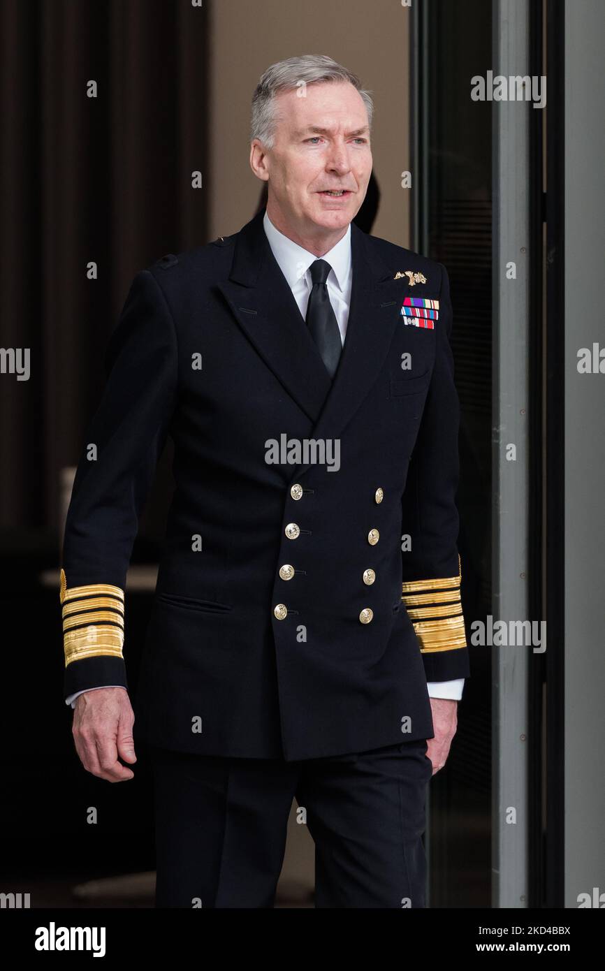 LONDON, UNITED KINGDOM, MARCH 06, 2022: Head of the Armed Forces Admiral Sir Tony Radakin leaves the BBC Broadcasting House in central London after appearing on the Sunday Morning programme hosted by Sophie Raworth on March 06, 2022 in London, England. (Photo by WIktor Szymanowicz/NurPhoto) Stock Photo