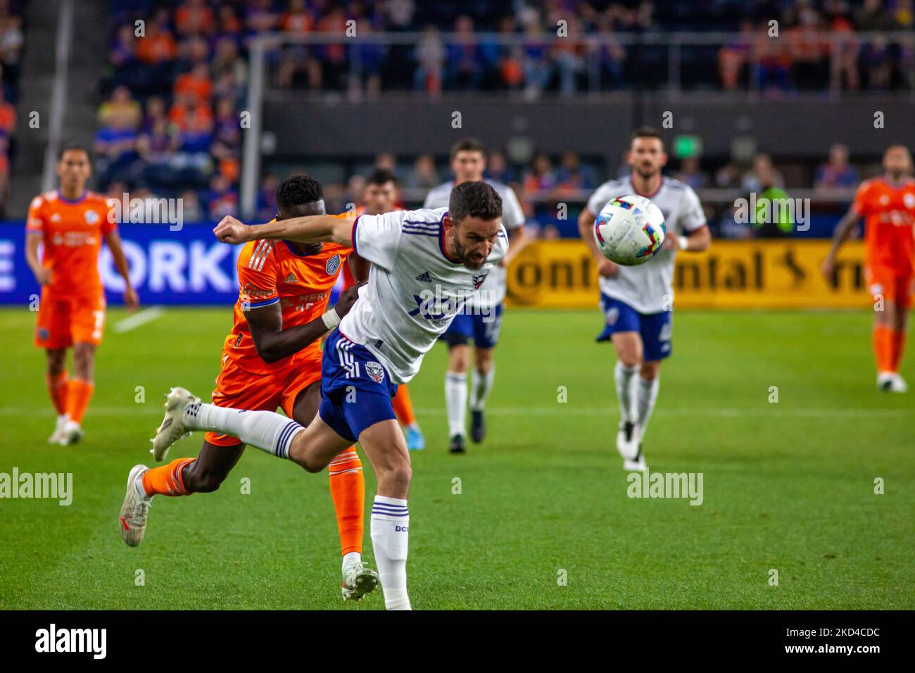 Players compete for the ball during a MLS soccer match between FC Cincinnati and D.C. United at TQL Stadium on Saturday, March 5, 2022, in Cincinnati, OH. (Photo by Jason Whitman/NurPhoto) Stock Photo