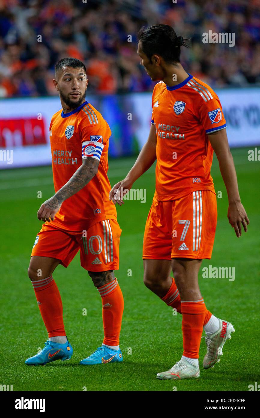 FC Cincinnati midfielders Luciano Acosta (9) and Yuya Kubo (7) discuss a corner kick during a MLS soccer match between FC Cincinnati and D.C. United at TQL Stadium on Saturday, March 5, 2022, in Cincinnati, OH. (Photo by Jason Whitman/NurPhoto) Stock Photo