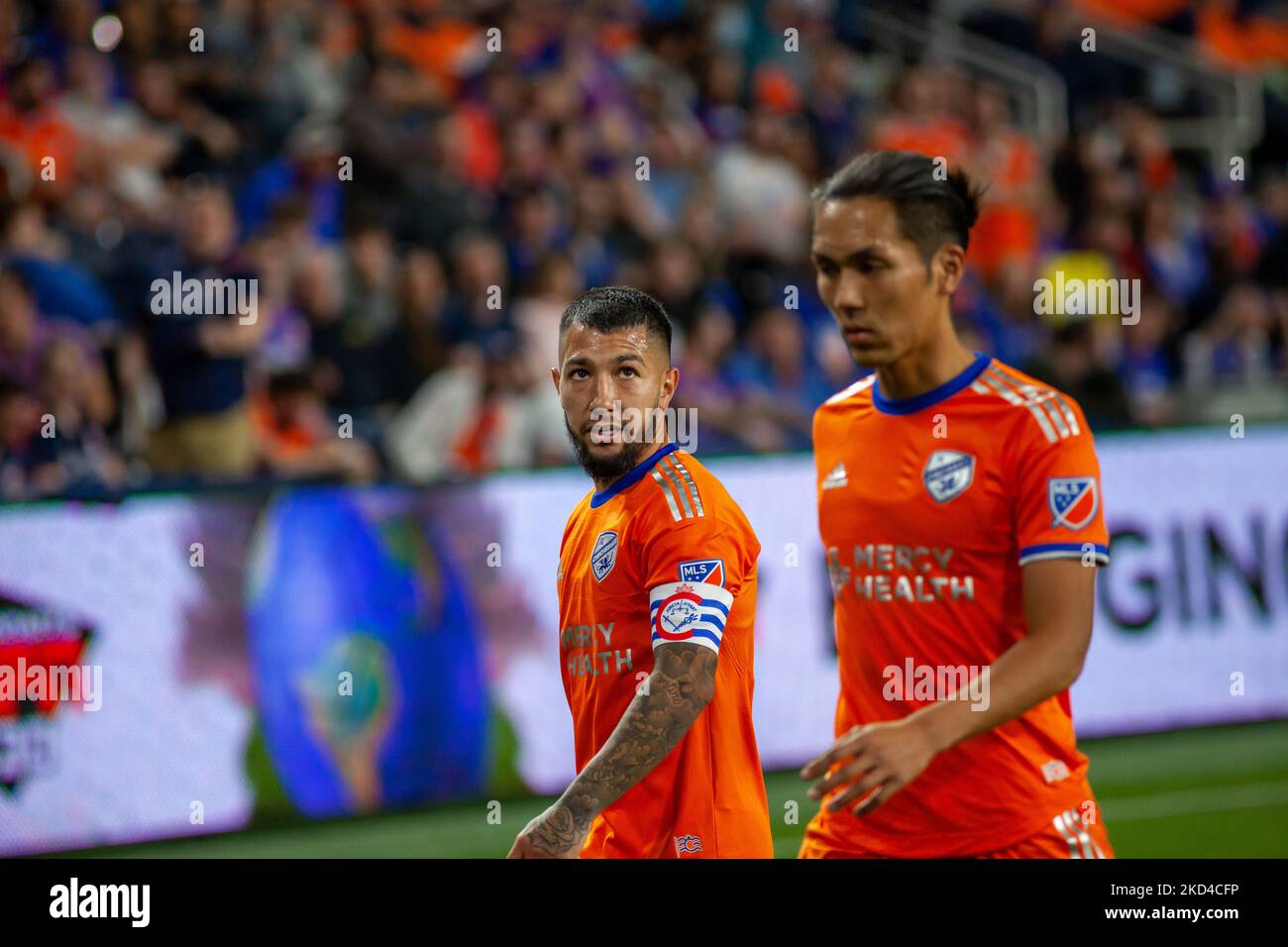 FC Cincinnati midfielders Luciano Acosta (9) and Yuya Kubo (7) discuss a corner kick during a MLS soccer match between FC Cincinnati and D.C. United at TQL Stadium on Saturday, March 5, 2022, in Cincinnati, OH. (Photo by Jason Whitman/NurPhoto) Stock Photo