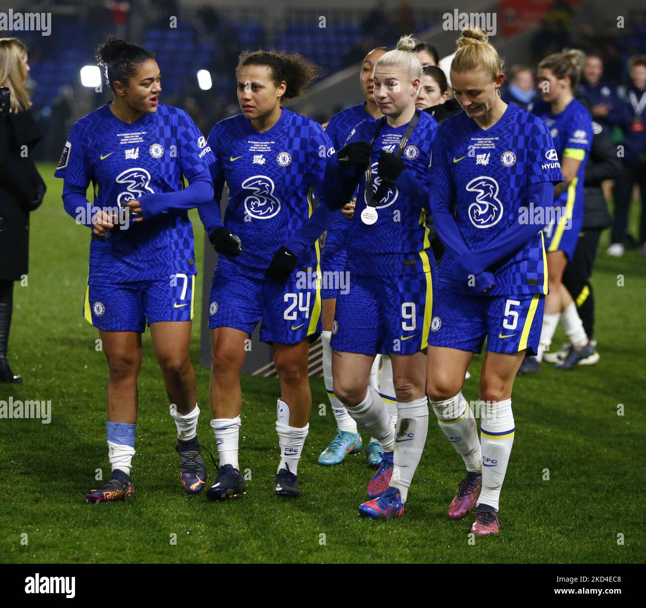 L-R Chelsea Women Jessica Carter , Chelsea Women Drew Spence Chelsea Women Sophie Ingle and Chelsea Women Bethany England after The FA Women's Continental Tyre League Cup Final 2022 between Chelsea and Manchester City at The Cherry Red Records Stadium, Wimbledon on 05th March 2022 (Photo by Action Foto Sport/NurPhoto) Stock Photo