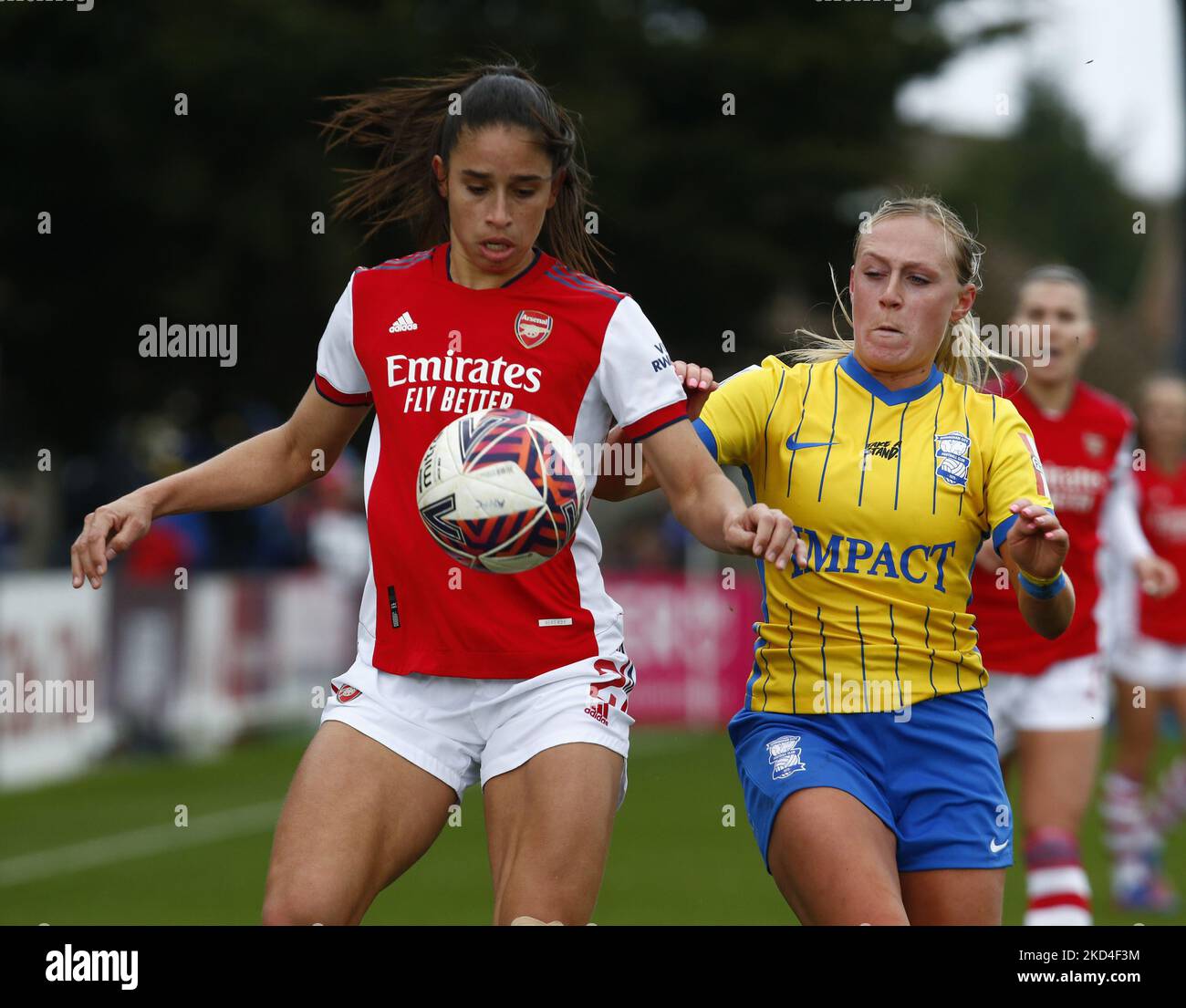 L-R Rafaelle Souza of Arsenal Women and Libby Smith of Birmingham City Women during Barclays FA Women's Super League between Arsenal Women and Birmingham City Women at Meadow Park, Borehamwoodn, UK on 06th March 2022 (Photo by Action Foto Sport/NurPhoto) Stock Photo