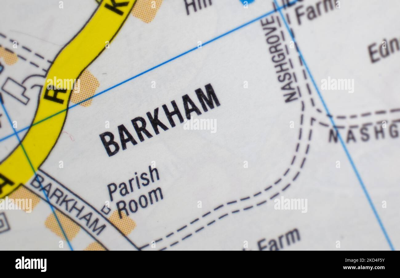 Barkham village Berkshire, United Kingdom colour atlas map town name