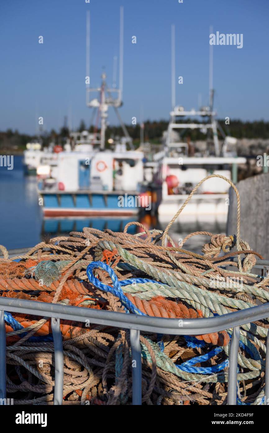 A basket of lines on teh dock at teh lepreau, NB fishing port Stock