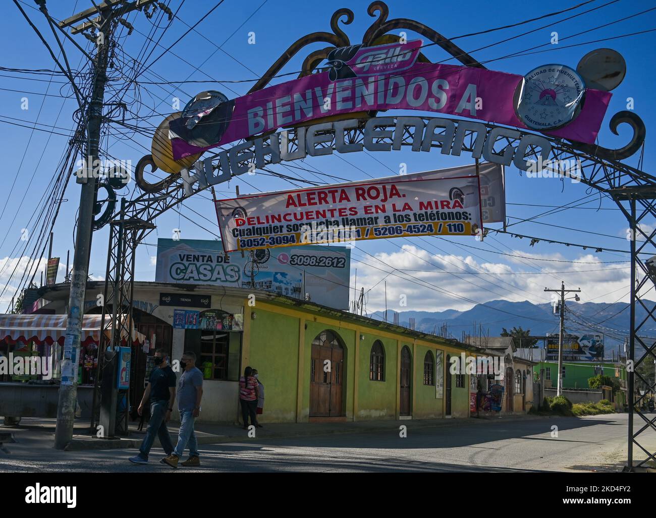 A banner that reads 'Red Alert. Criminals on target' at the entrance to the city of Huehuetenango. On Wednesday, March 2 , 2022, in Huehuetenango, Guatemala. (Photo by Artur Widak/NurPhoto) Stock Photo